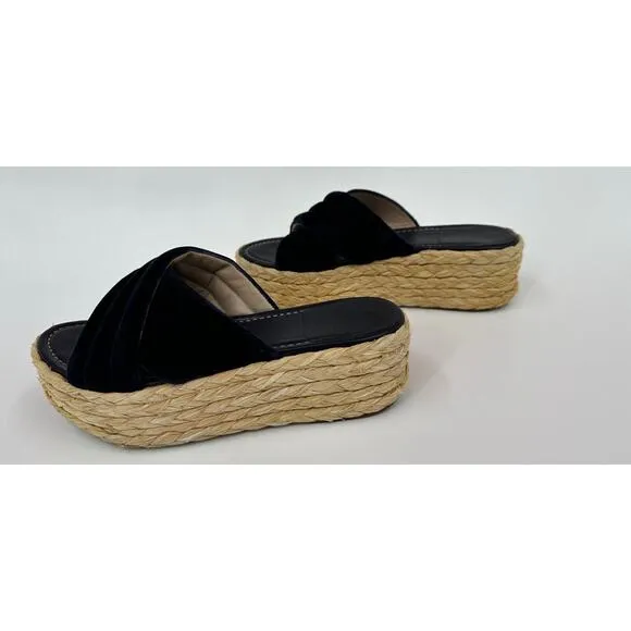 Stuart Weitzman Pufftopraffia Navy Blue Velvet Wedge Platform Raffia Sandals 8.5