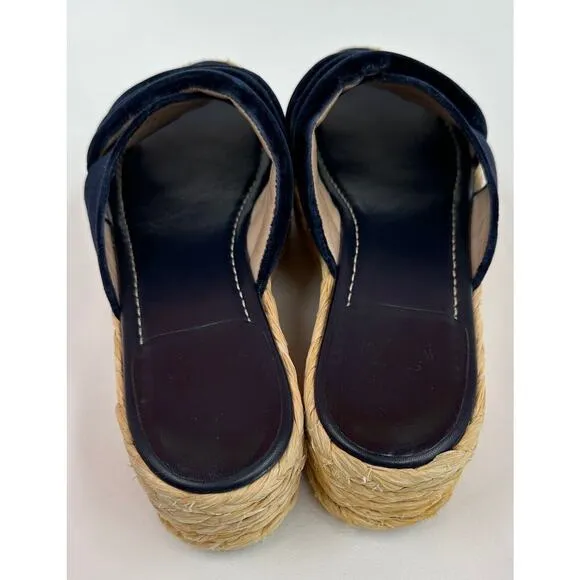 Stuart Weitzman Pufftopraffia Navy Blue Velvet Wedge Platform Raffia Sandals 8.5