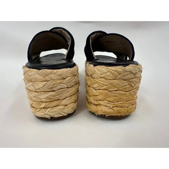 Stuart Weitzman Pufftopraffia Navy Blue Velvet Wedge Platform Raffia Sandals 8.5