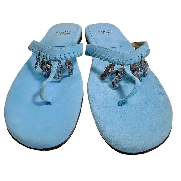 Stuart Weitzman shoe charm trimmed light blue suede sandals