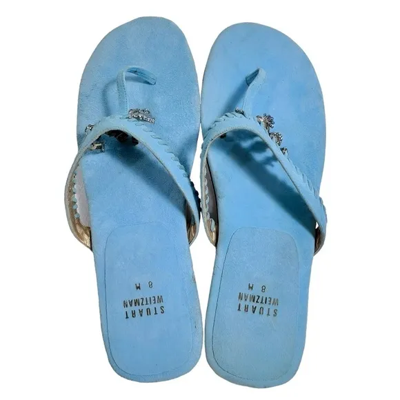 Stuart Weitzman shoe charm trimmed light blue suede sandals