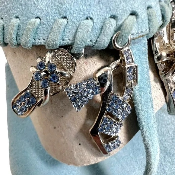 Stuart Weitzman shoe charm trimmed light blue suede sandals