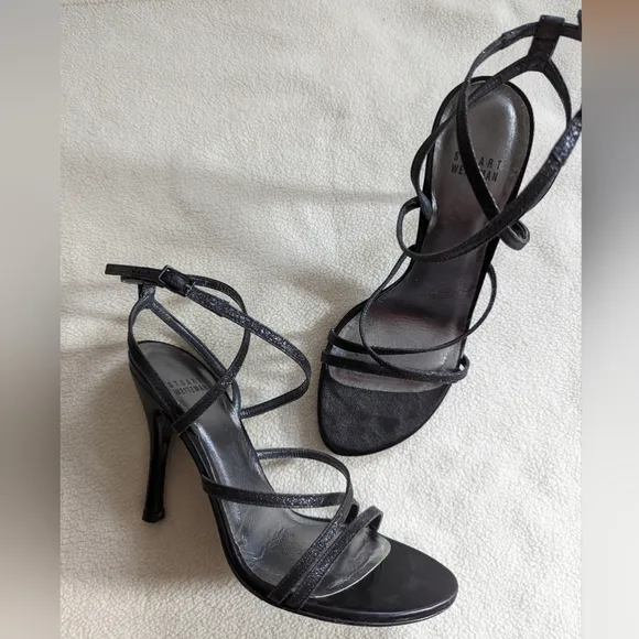 Stuart Weitzman sparkly black strappy heeled sandals 7.5