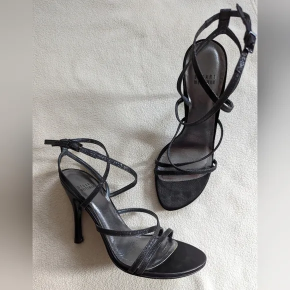 Stuart Weitzman sparkly black strappy heeled sandals 7.5