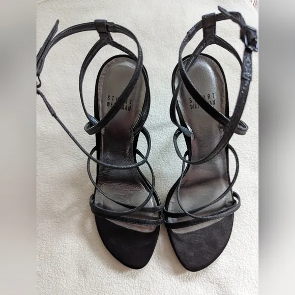 Stuart Weitzman sparkly black strappy heeled sandals 7.5