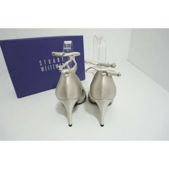 Stuart Weitzman Teeontee Wedding Ankle Strap High Heel Sandals Raso Silver US 7