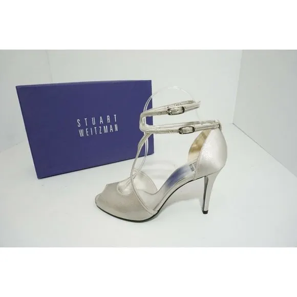 Stuart Weitzman Teeontee Wedding Ankle Strap High Heel Sandals Raso Silver US 7
