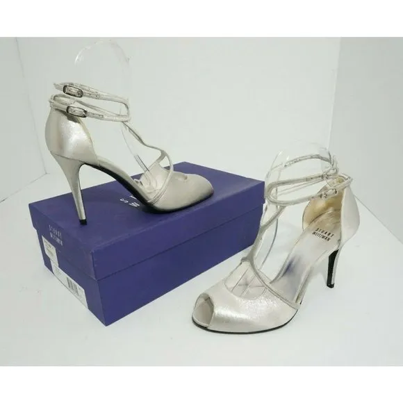 Stuart Weitzman Teeontee Wedding Ankle Strap High Heel Sandals Raso Silver US 7