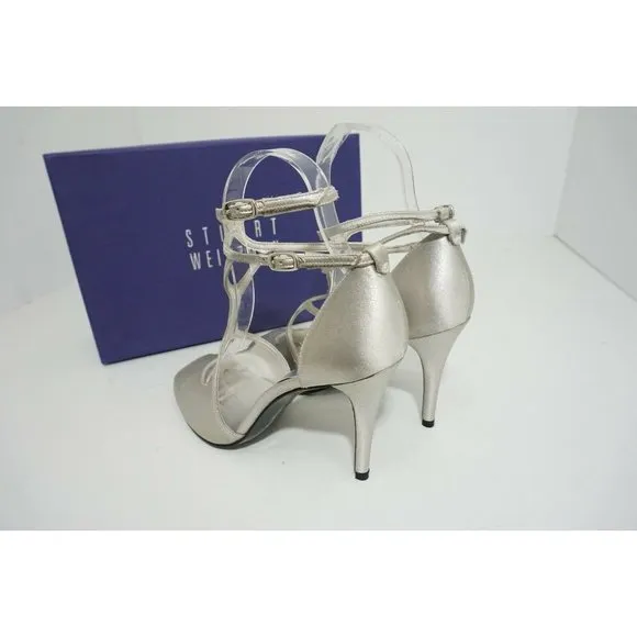 Stuart Weitzman Teeontee Wedding Ankle Strap High Heel Sandals Raso Silver US 7