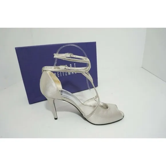 Stuart Weitzman Teeontee Wedding Ankle Strap High Heel Sandals Raso Silver US 7