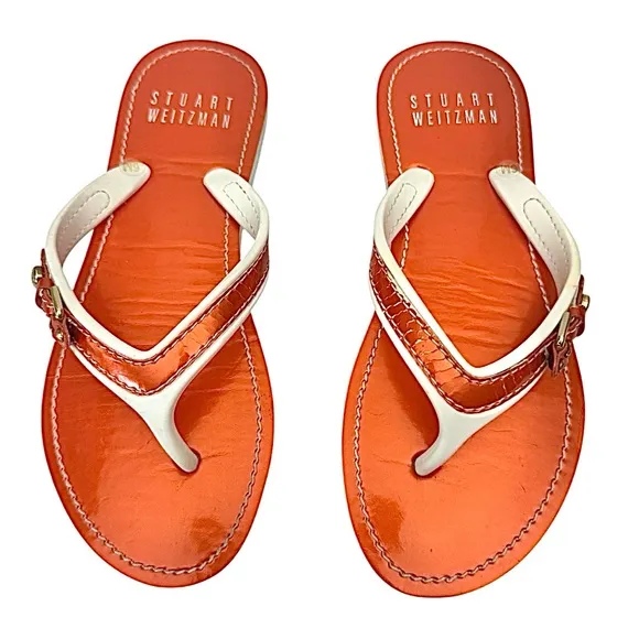 Stuart Weitzman Thong Sandels Orange-White Womens Size 6 Medium