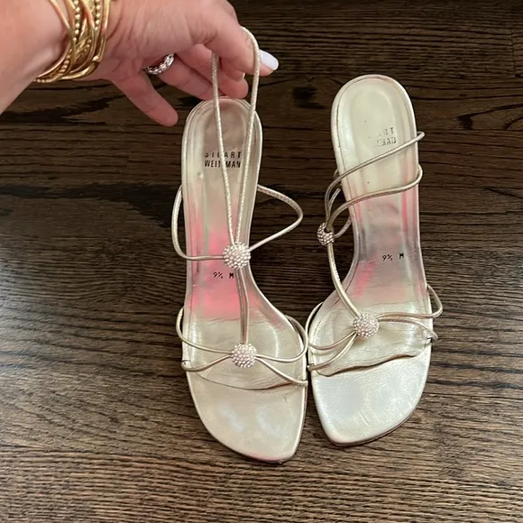 Stuart Weitzman Trixie embellished gold leather sandals size 9.5