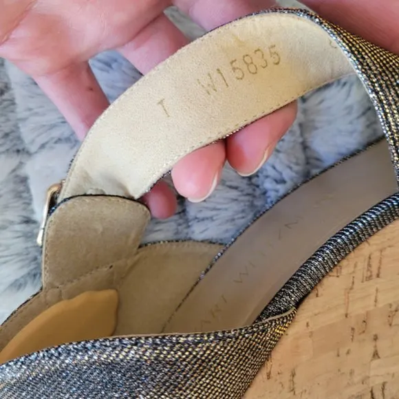 Stuart Weitzman Wedges Lineone Pyrite Nocturne 8.5 women comfortable sparkle EUC
