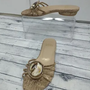 Stuart Weitzman Women's 4M Gold Flat Jewel Stone Tiger Eye Slip On Sandals