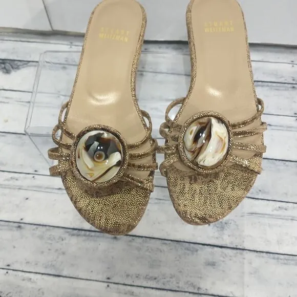 Stuart Weitzman Women's 4M Gold Flat Jewel Stone Tiger Eye Slip On Sandals