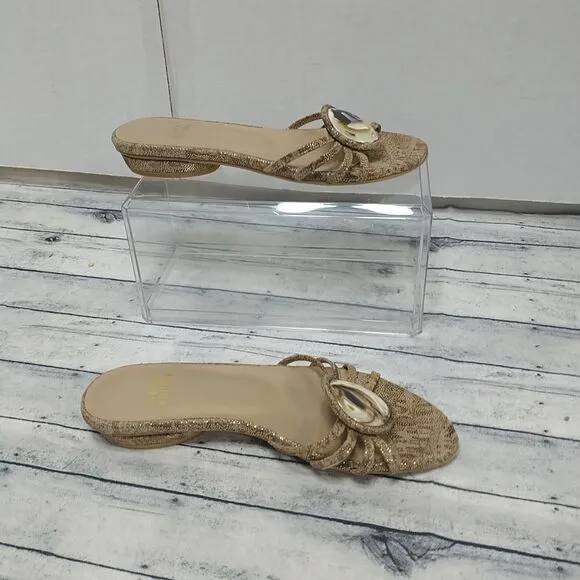 Stuart Weitzman Women's 4M Gold Flat Jewel Stone Tiger Eye Slip On Sandals