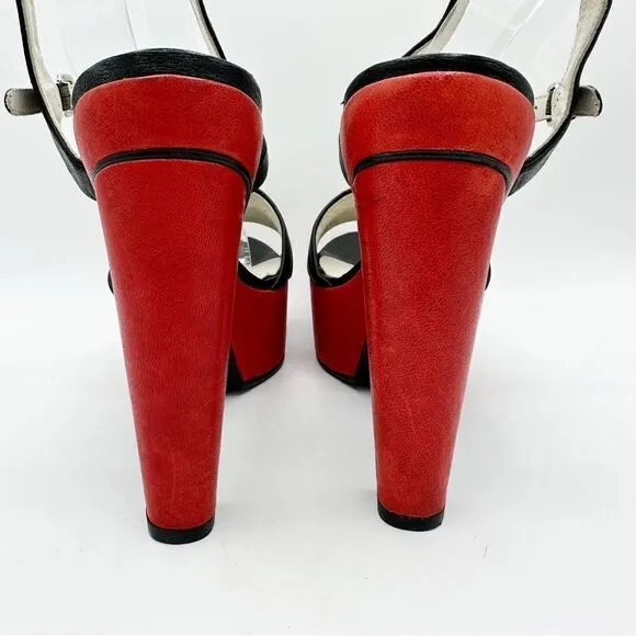 Stuart Weizmann Black Red and White Wide Strap Platform Sandals with Ankle Strap