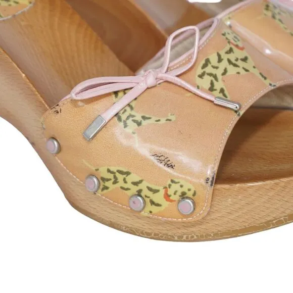 Stuart Weitzman Dalmation Dog Wooden Platform Wedge Sandals, Size 7