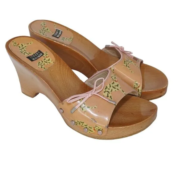 Stuart Weitzman Dalmation Dog Wooden Platform Wedge Sandals, Size 7