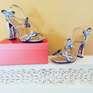 STYLISH SHOE~ Women’s Silver shoes with butterfly accents block heels size 7.5