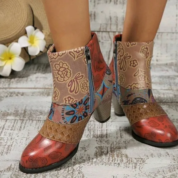 Stylish Trendy Chic Multicolor Floral Ankle Boots For Women