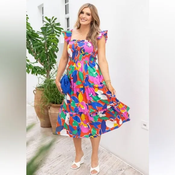 SUGARLIPS for AVARA Smocked Tiered Midi Dress Pink Floral Print Ruffle &amp; Pockets