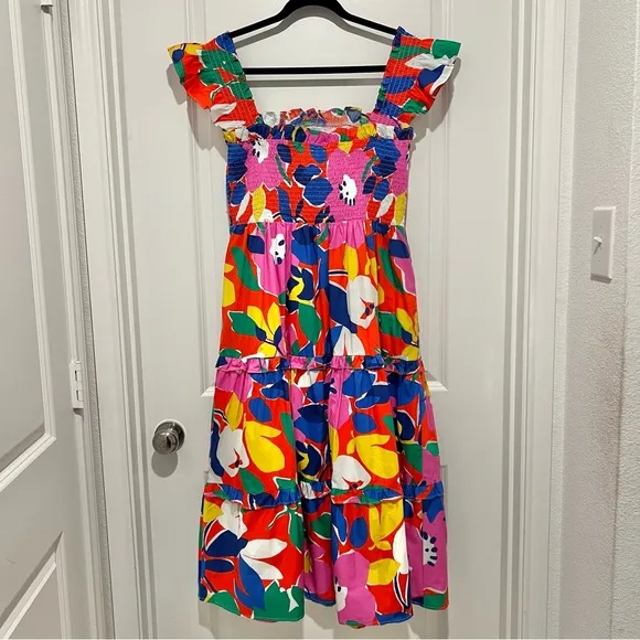 SUGARLIPS for AVARA Smocked Tiered Midi Dress Pink Floral Print Ruffle &amp; Pockets