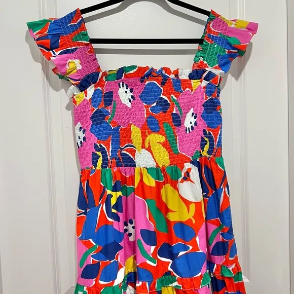 SUGARLIPS for AVARA Smocked Tiered Midi Dress Pink Floral Print Ruffle &amp; Pockets