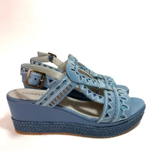 Sundance Mam Zelle Blue Leather Sling Back Platform Sandals 8-8.5
