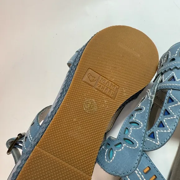 Sundance Mam Zelle Blue Leather Sling Back Platform Sandals 8-8.5