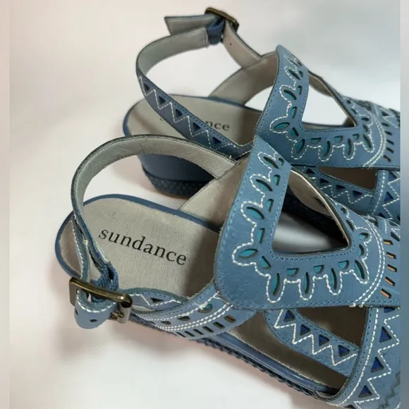 Sundance Mam Zelle Blue Leather Sling Back Platform Sandals 8-8.5