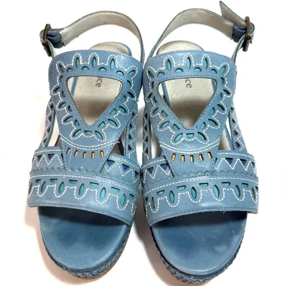 Sundance Mam Zelle Blue Leather Sling Back Platform Sandals 8-8.5