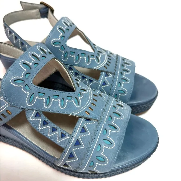 Sundance Mam Zelle Blue Leather Sling Back Platform Sandals 8-8.5