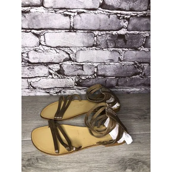 Sundance Olive Green Leather Back Zip Strappy Flats Sandals Women 41EU/10.5M US