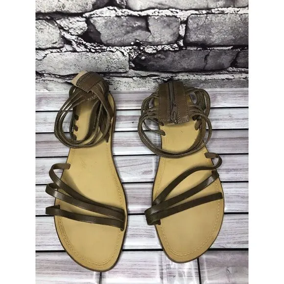 Sundance Olive Green Leather Back Zip Strappy Flats Sandals Women 41EU/10.5M US