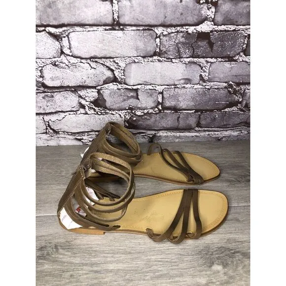 Sundance Olive Green Leather Back Zip Strappy Flats Sandals Women 41EU/10.5M US