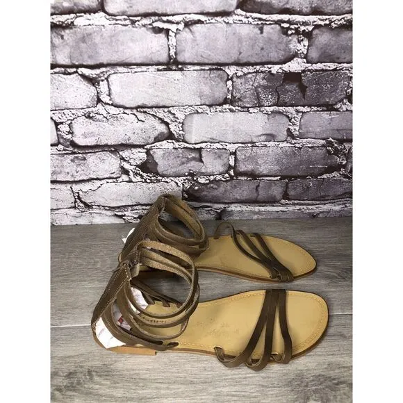 Sundance Olive Green Leather Back Zip Strappy Flats Sandals Women 41EU/10.5M US