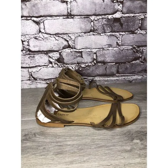 Sundance Olive Green Leather Back Zip Strappy Flats Sandals Women 41EU/10.5M US