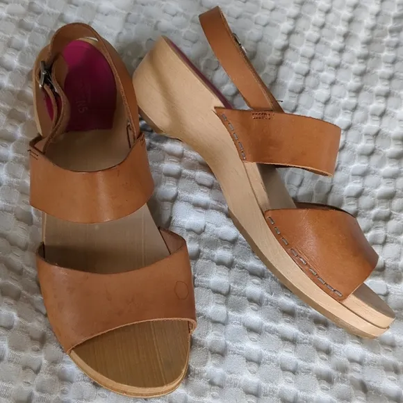 Swedish Hasbeens Helena Slingback Wooden Sandals Tan Size 7 US 37 EU