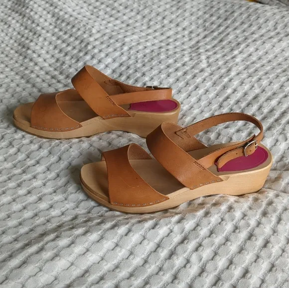 Swedish Hasbeens Helena Slingback Wooden Sandals Tan Size 7 US 37 EU