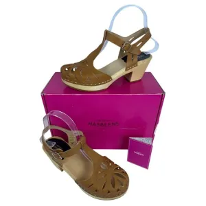 Swedish Hasbeens Women's Lacy Sandal Natural Leather Lime Wood Heels EU 37, US 7