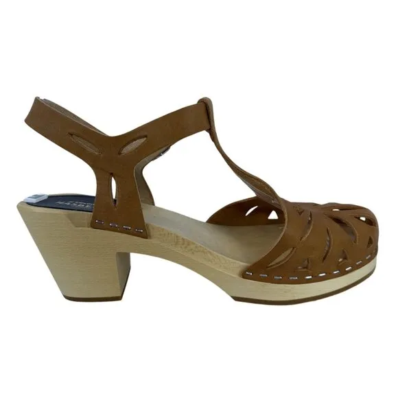 Swedish Hasbeens Women's Lacy Sandal Natural Leather Lime Wood Heels EU 37, US 7