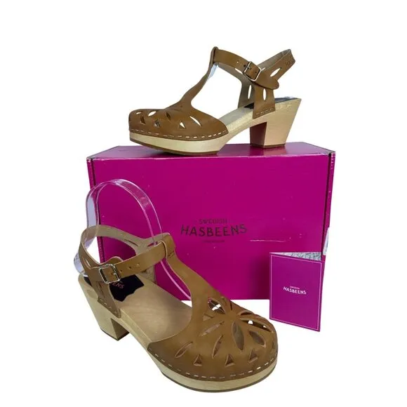 Swedish Hasbeens Women's Lacy Sandal Natural Leather Lime Wood Heels EU 37, US 7