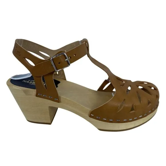 Swedish Hasbeens Women's Lacy Sandal Natural Leather Lime Wood Heels EU 37, US 7
