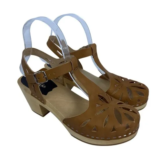 Swedish Hasbeens Women's Lacy Sandal Natural Leather Lime Wood Heels EU 37, US 7
