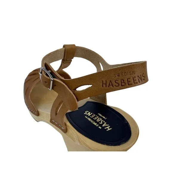 Swedish Hasbeens Women's Lacy Sandal Natural Leather Lime Wood Heels EU 37, US 7