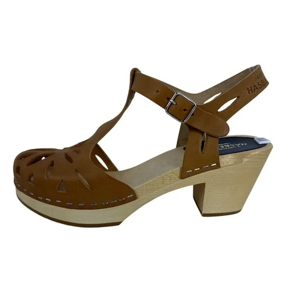 Swedish Hasbeens Women's Lacy Sandal Natural Leather Lime Wood Heels EU 37, US 7