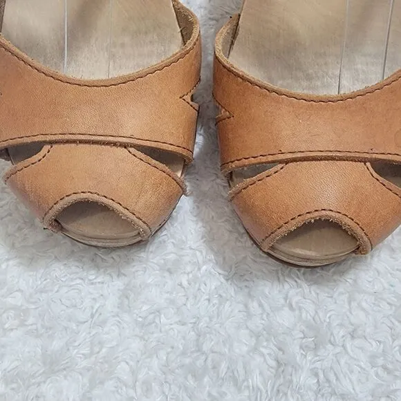 Swedish Hasbeens Womens US 7 Beige Tan Wood Clog Ankle Strap Sandals Nature 37