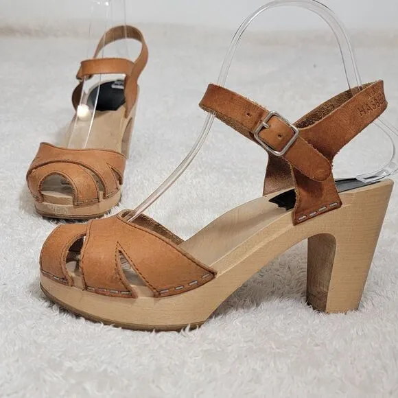 Swedish Hasbeens Womens US 7 Beige Tan Wood Clog Ankle Strap Sandals Nature 37