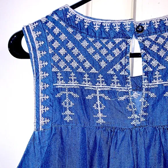 Sweet Sleeveless MIDI Dress Denim Sundress w/Lovely Embroidery Stitching Pockets